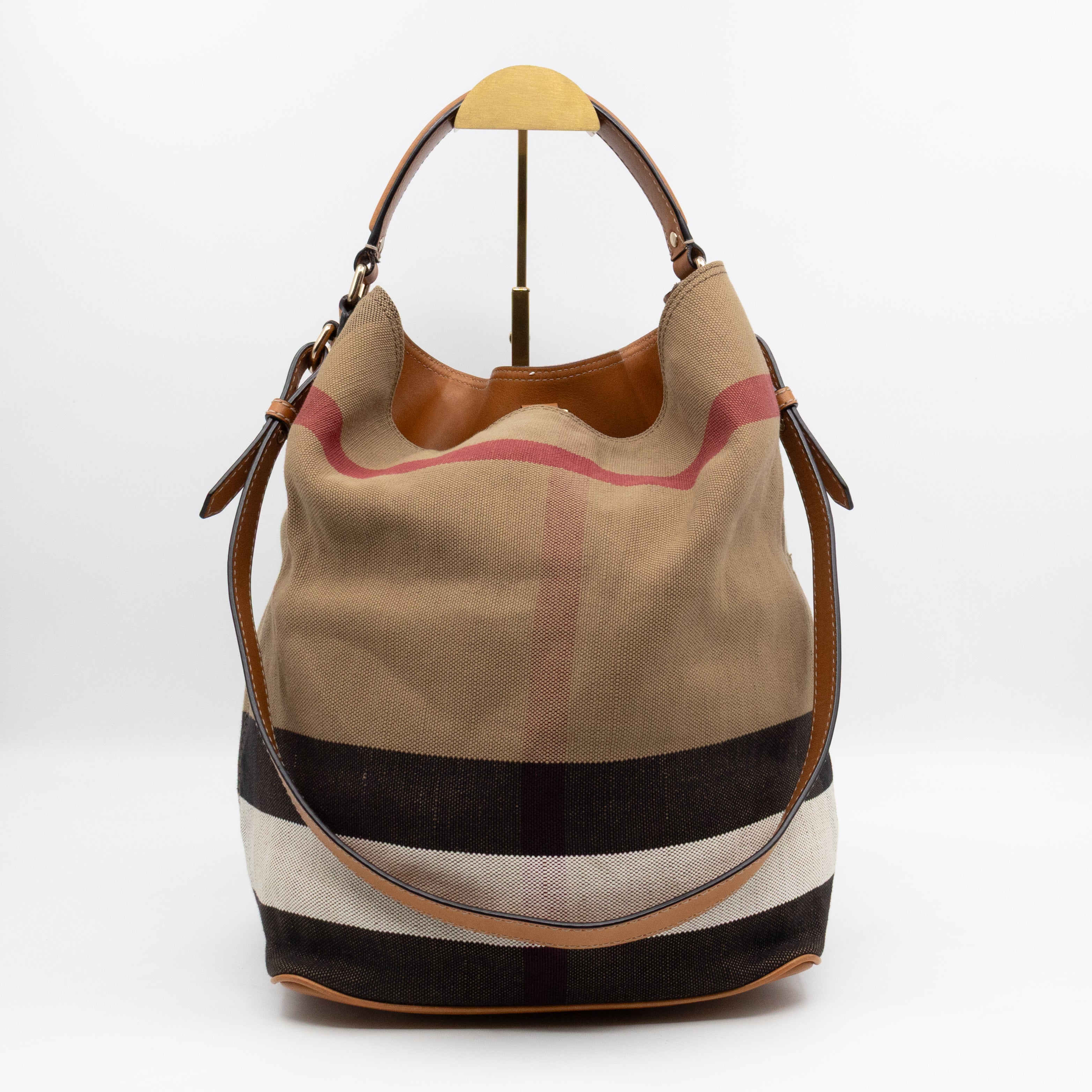 Ashby Bucket Bag Check Canvas Brown Leather