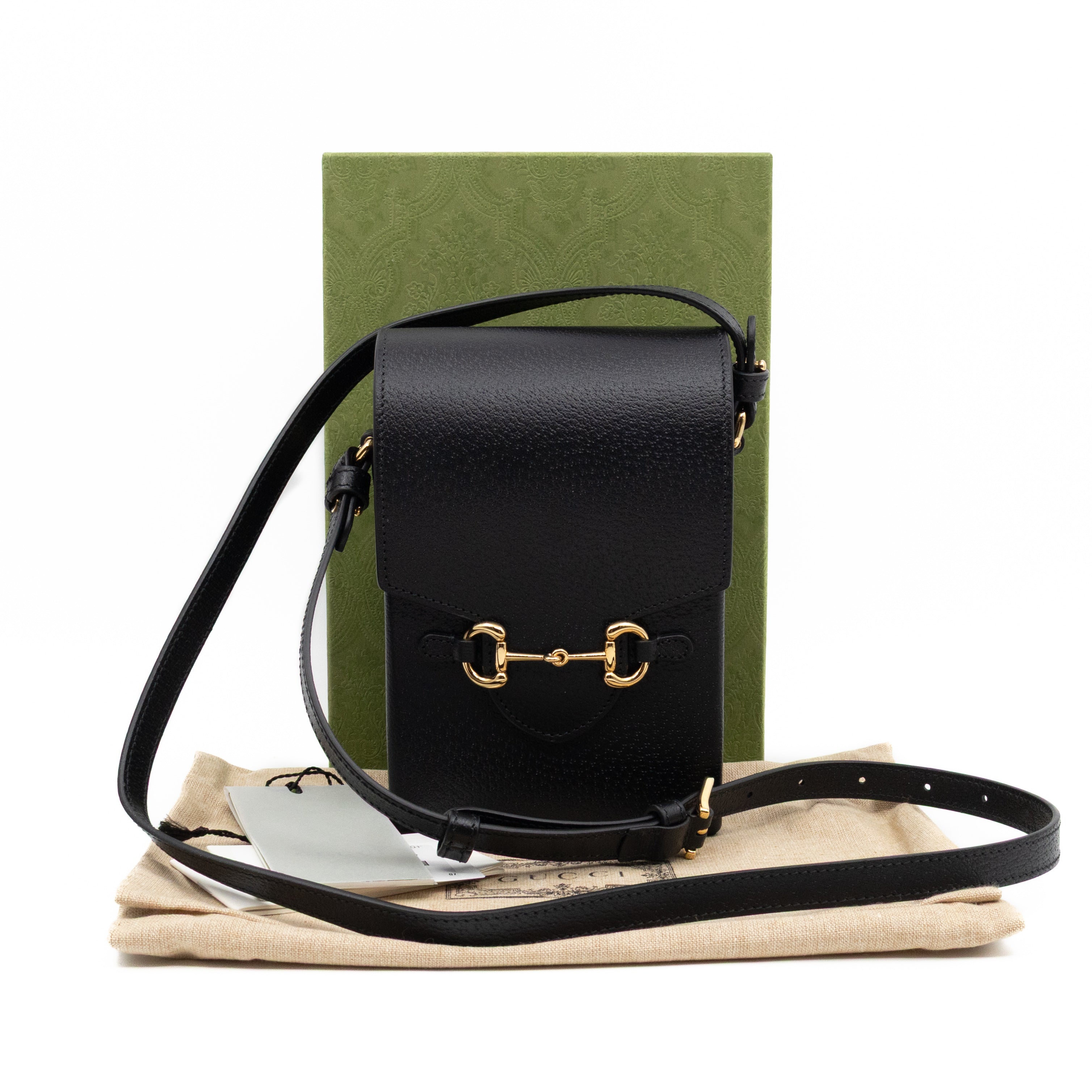Horsebit Vertical Crossbody Bag Black Leather