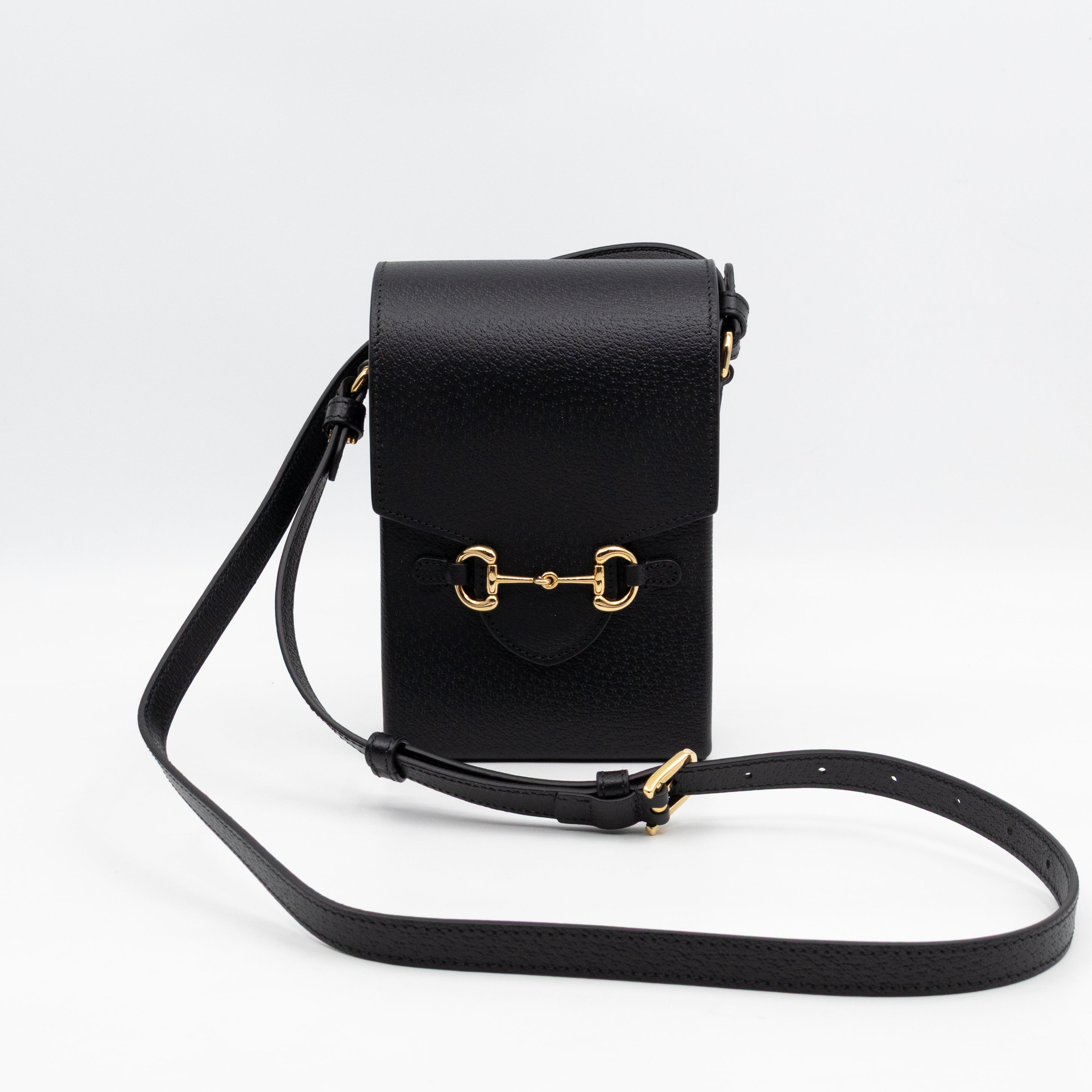 Horsebit Vertical Crossbody Bag Black Leather