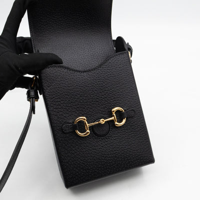 Horsebit Vertical Crossbody Bag Black Leather