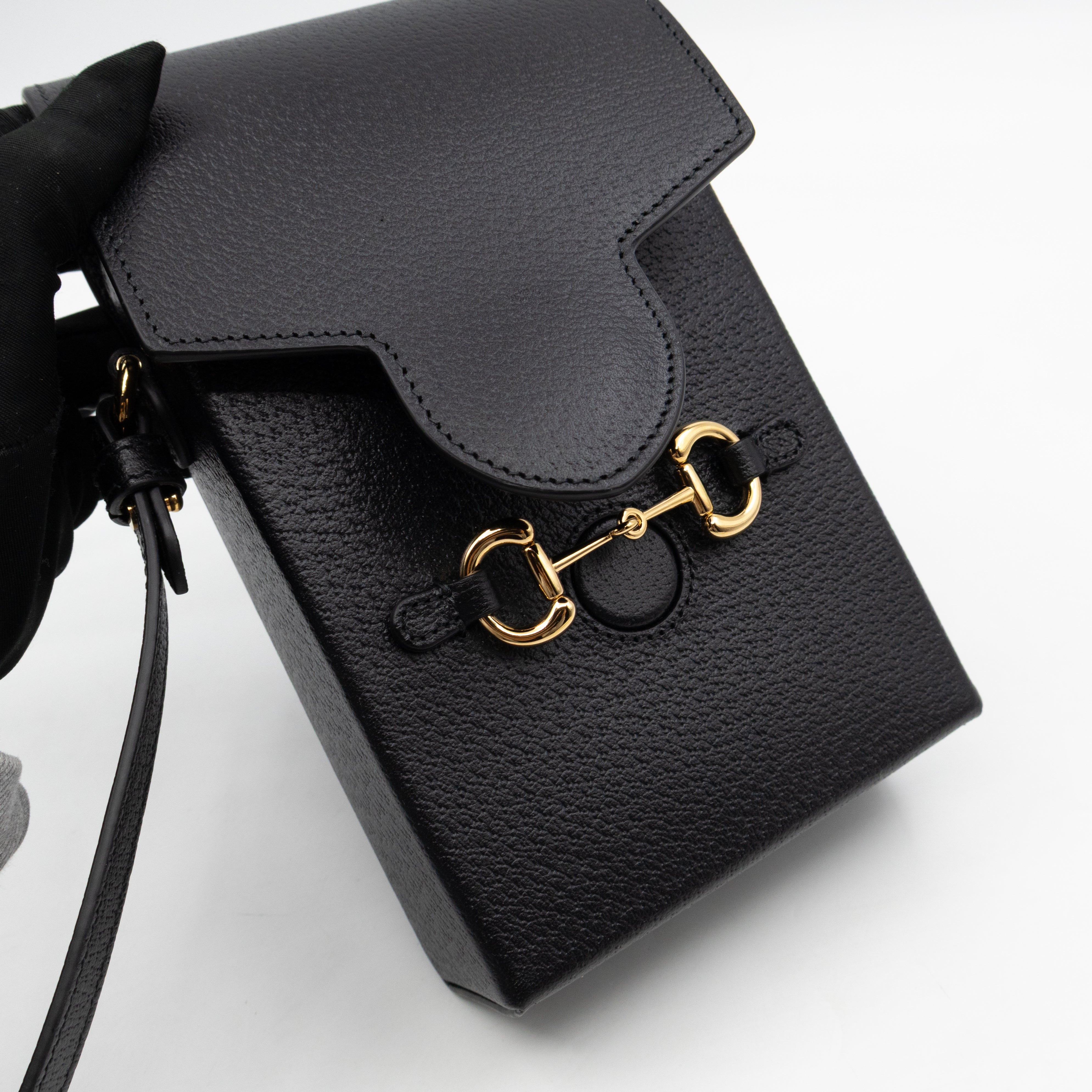 Horsebit Vertical Crossbody Bag Black Leather