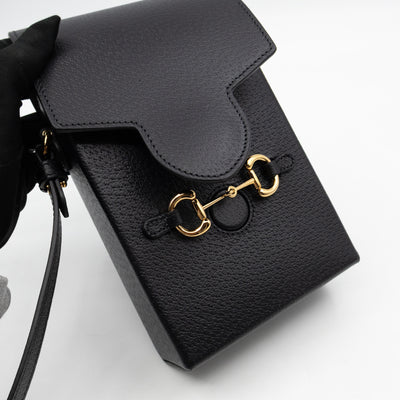 Horsebit Vertical Crossbody Bag Black Leather