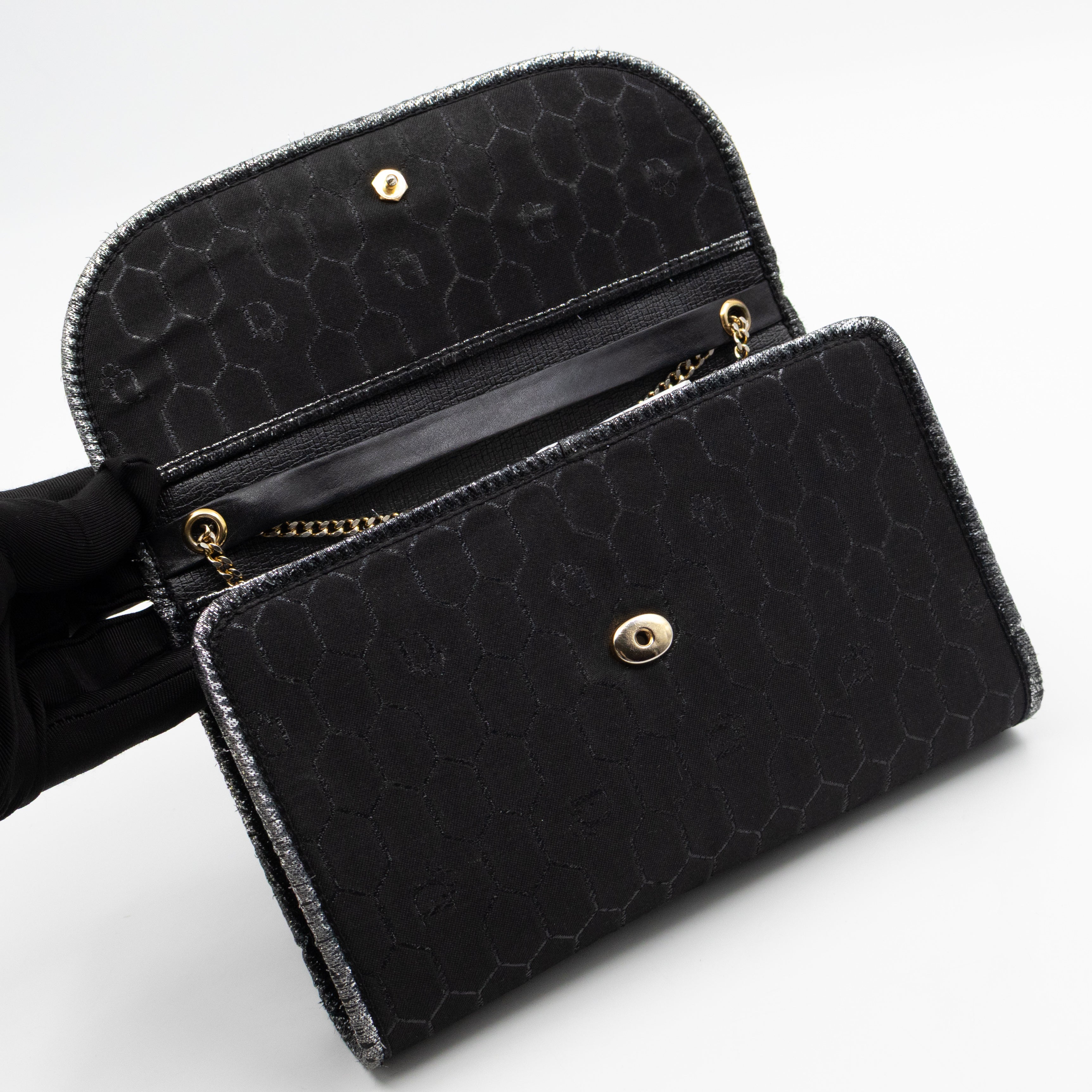 Chain Clutch Black Honeycomb Canvas