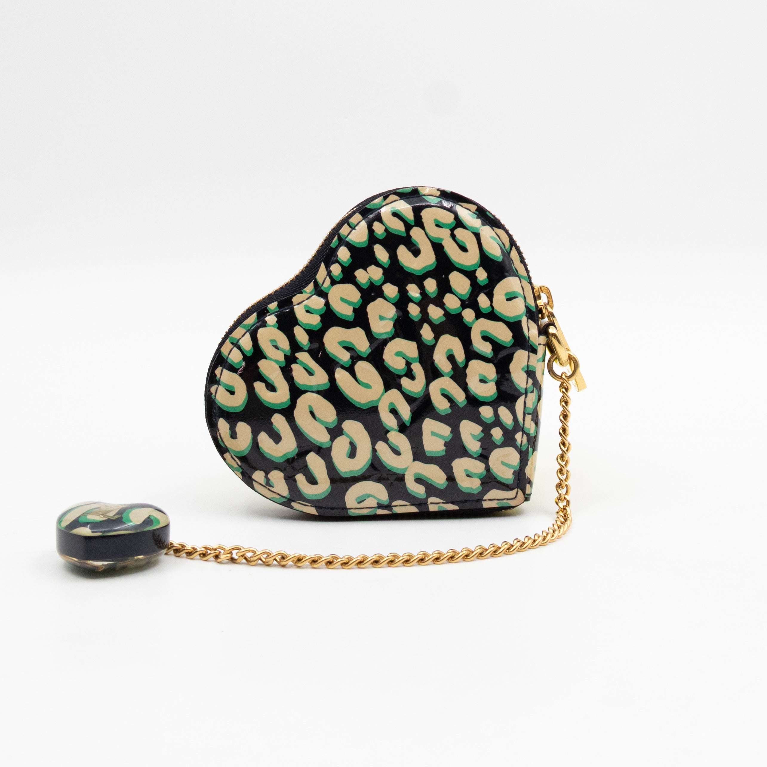 Heart Coin Purse Black & Beige Leopard Vernis