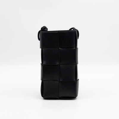 Cassette Phone Pouch Black Maxi Intrecciato Leather