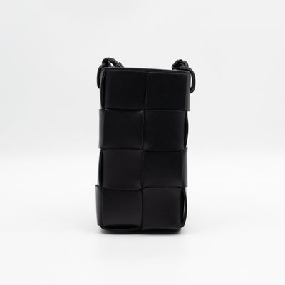 Cassette Phone Pouch Black Maxi Intrecciato Leather