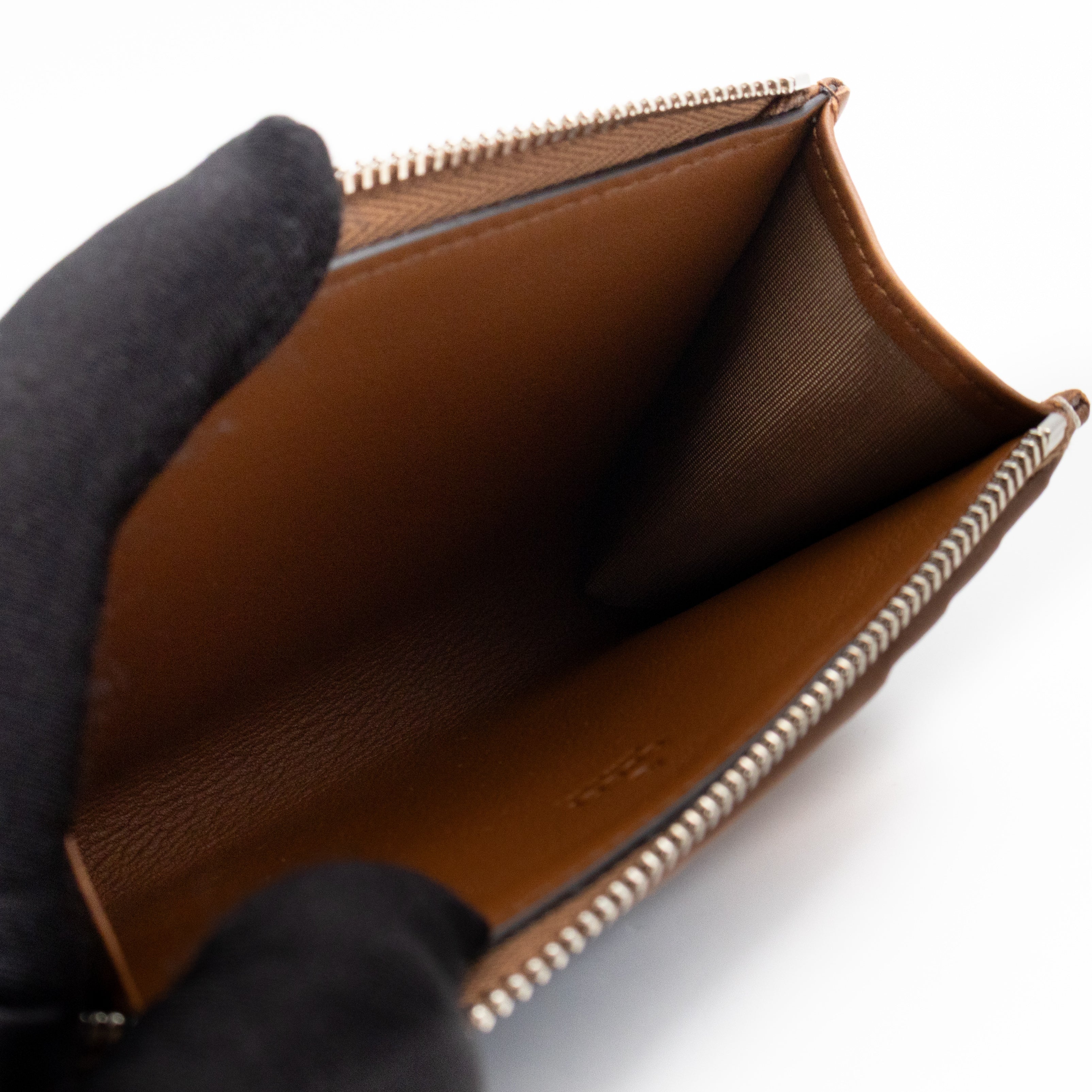 Emblem Zipped Card Holder Blue Denim Caramel Leather