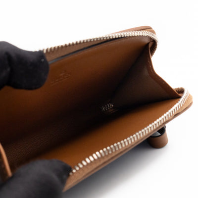 Emblem Zipped Card Holder Blue Denim Caramel Leather