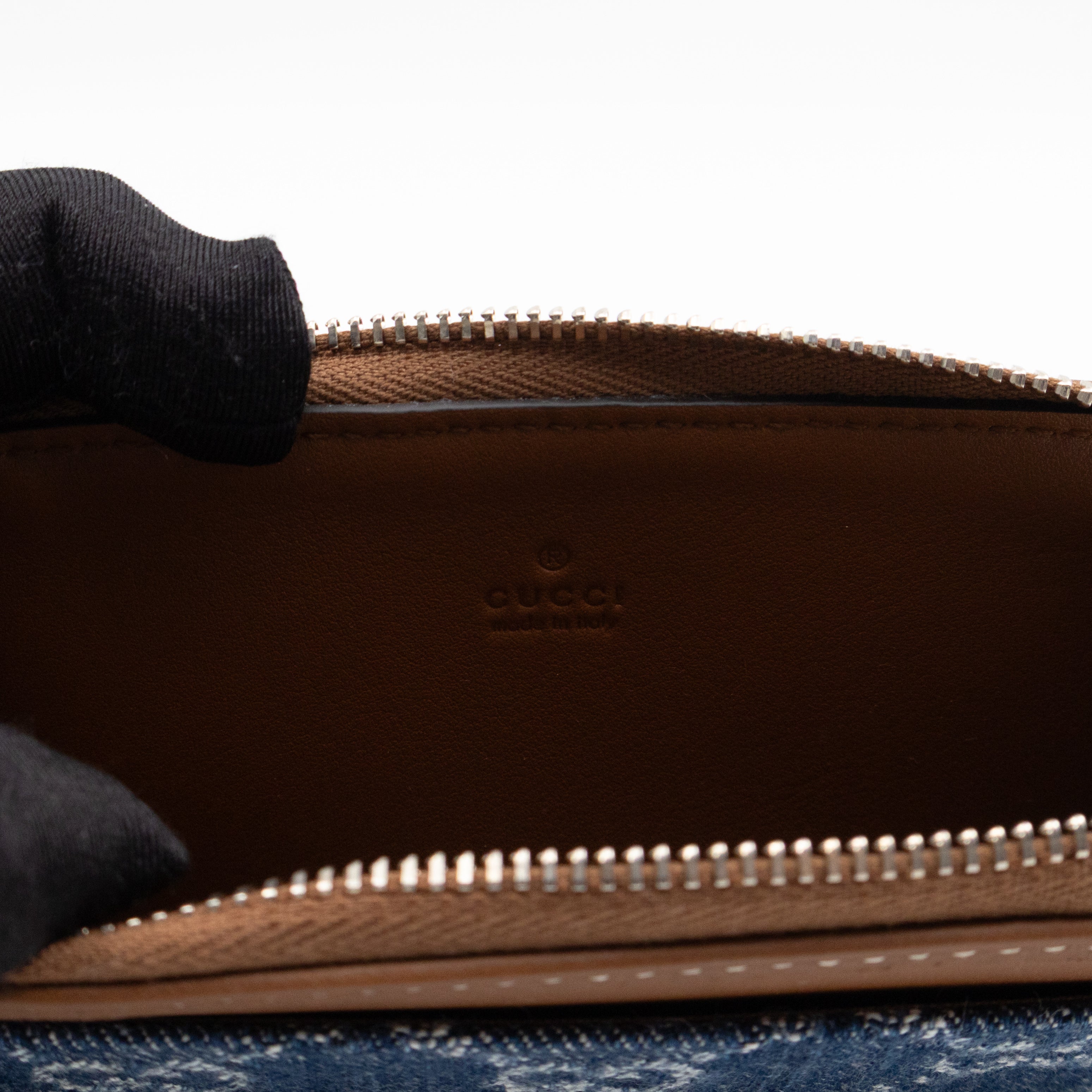 Emblem Zipped Card Holder Blue Denim Caramel Leather