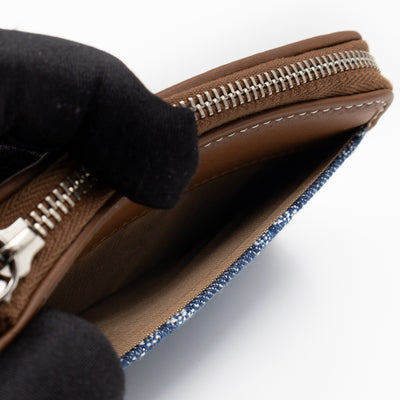 Emblem Zipped Card Holder Blue Denim Caramel Leather