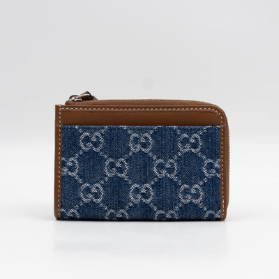 Emblem Zipped Card Holder Blue Denim Caramel Leather