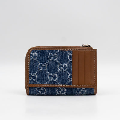 Emblem Zipped Card Holder Blue Denim Caramel Leather