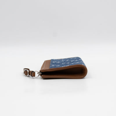 Emblem Zipped Card Holder Blue Denim Caramel Leather