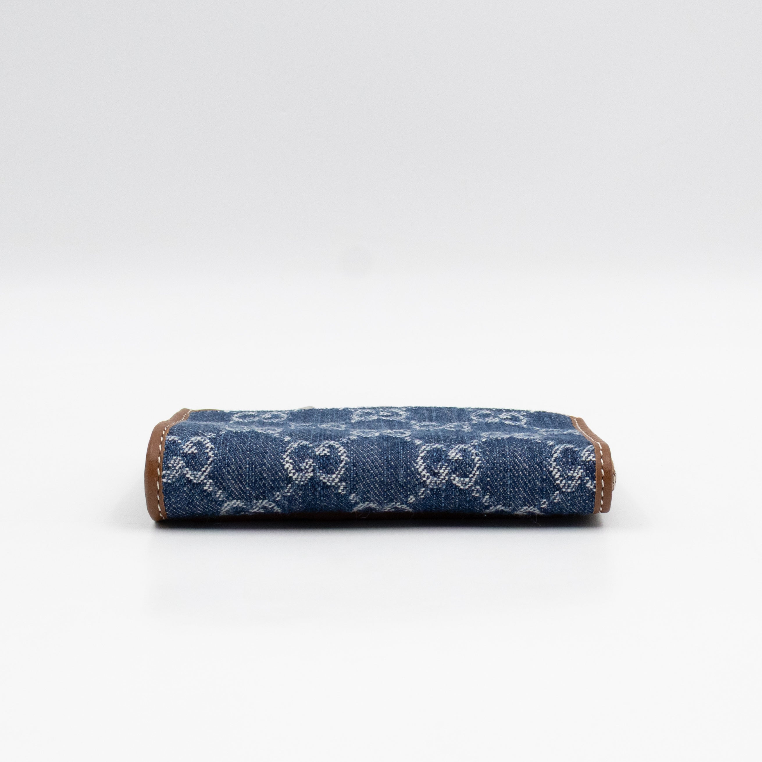 Emblem Zipped Card Holder Blue Denim Caramel Leather