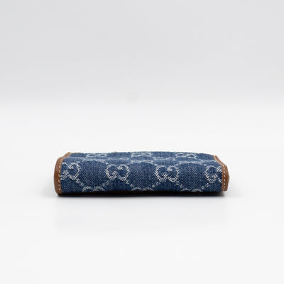 Emblem Zipped Card Holder Blue Denim Caramel Leather