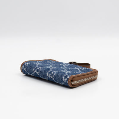 Emblem Zipped Card Holder Blue Denim Caramel Leather