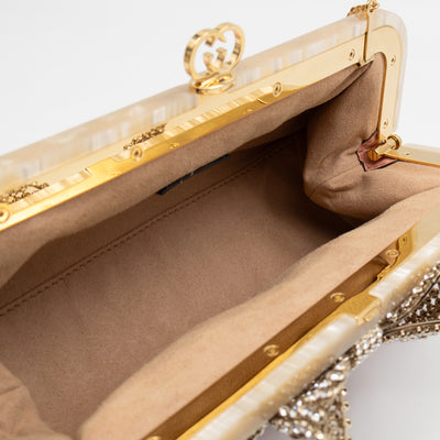 Broadway Chain Clutch Pink Floral Brocade Crystal Bow