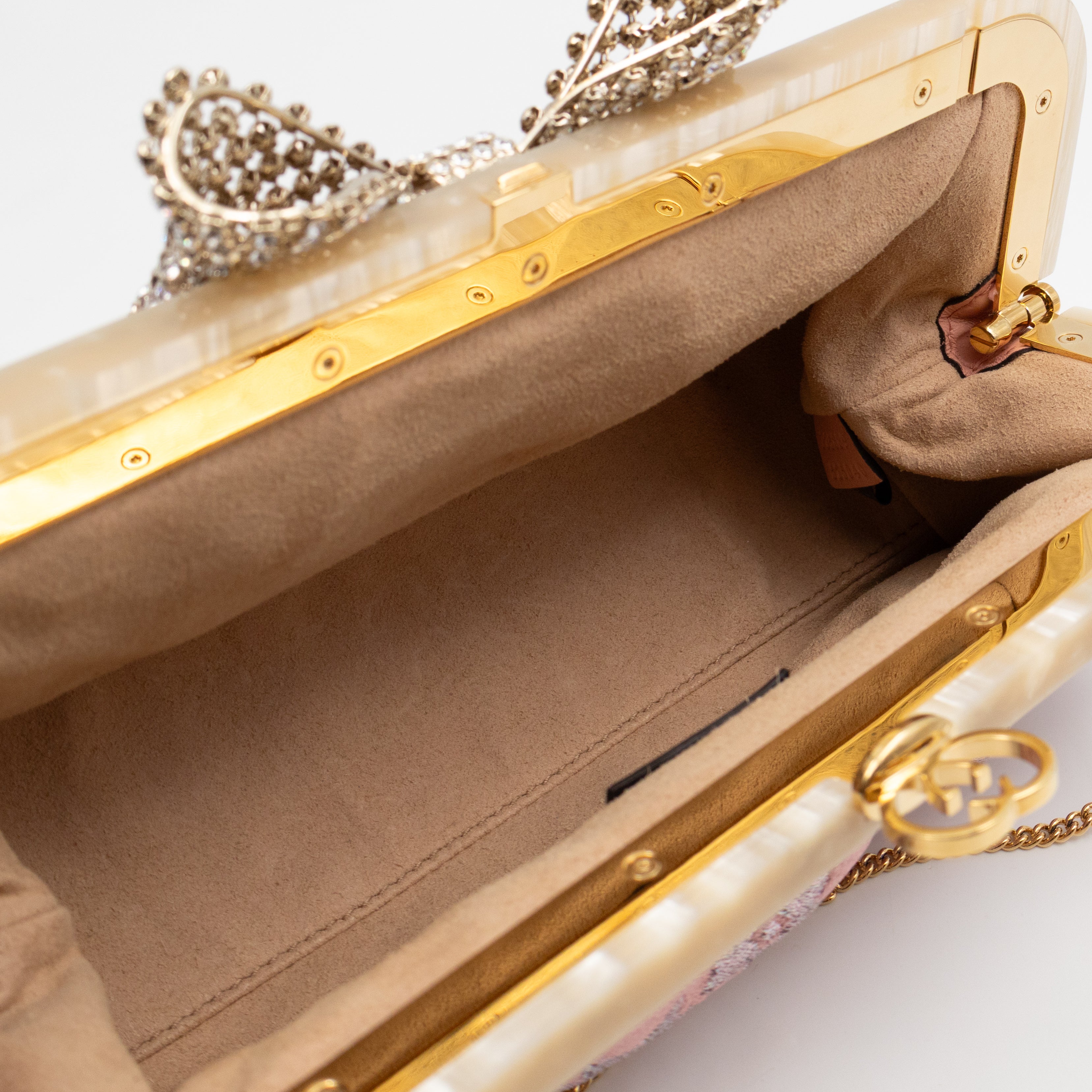 Broadway Chain Clutch Pink Floral Brocade Crystal Bow