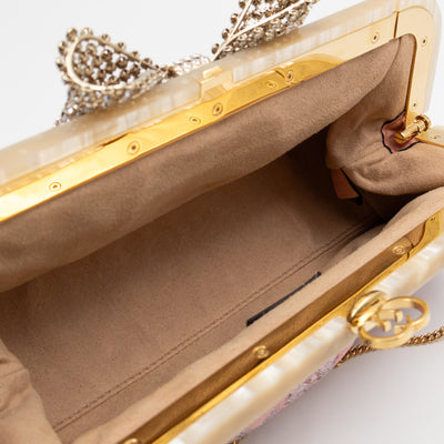 Broadway Chain Clutch Pink Floral Brocade Crystal Bow