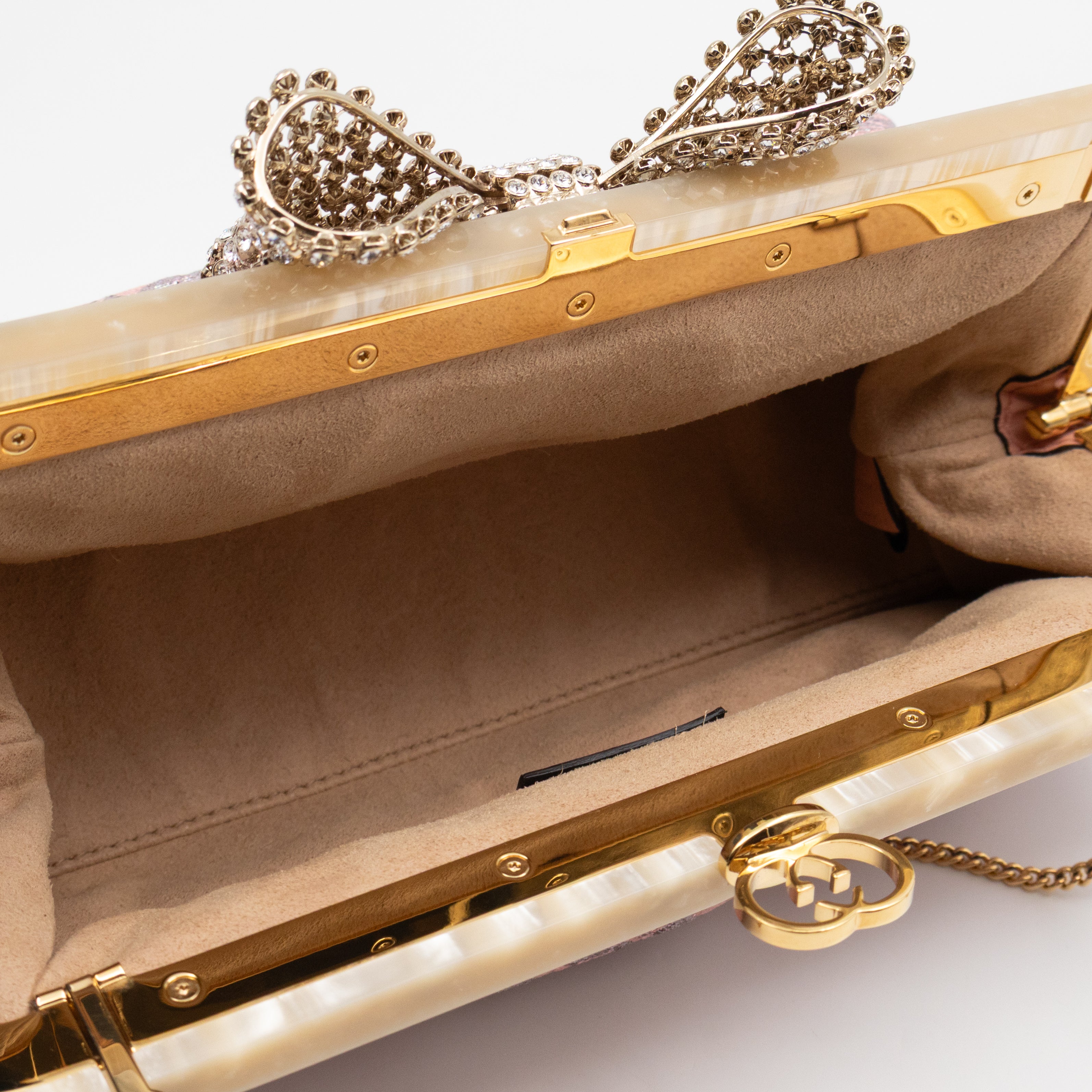 Broadway Chain Clutch Pink Floral Brocade Crystal Bow