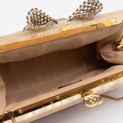 Broadway Chain Clutch Pink Floral Brocade Crystal Bow