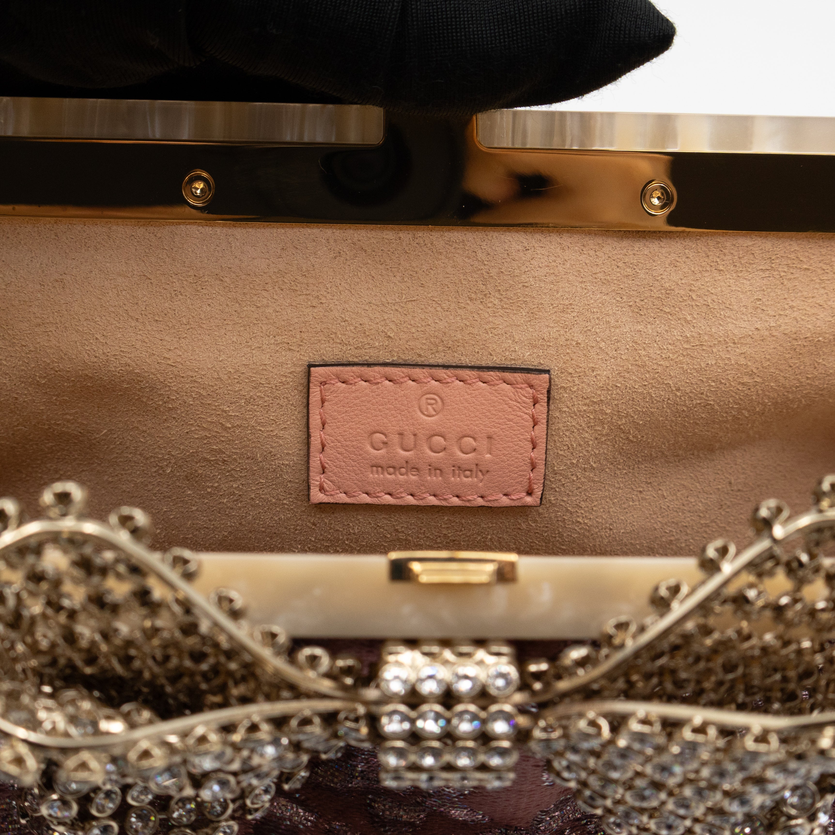 Broadway Chain Clutch Pink Floral Brocade Crystal Bow