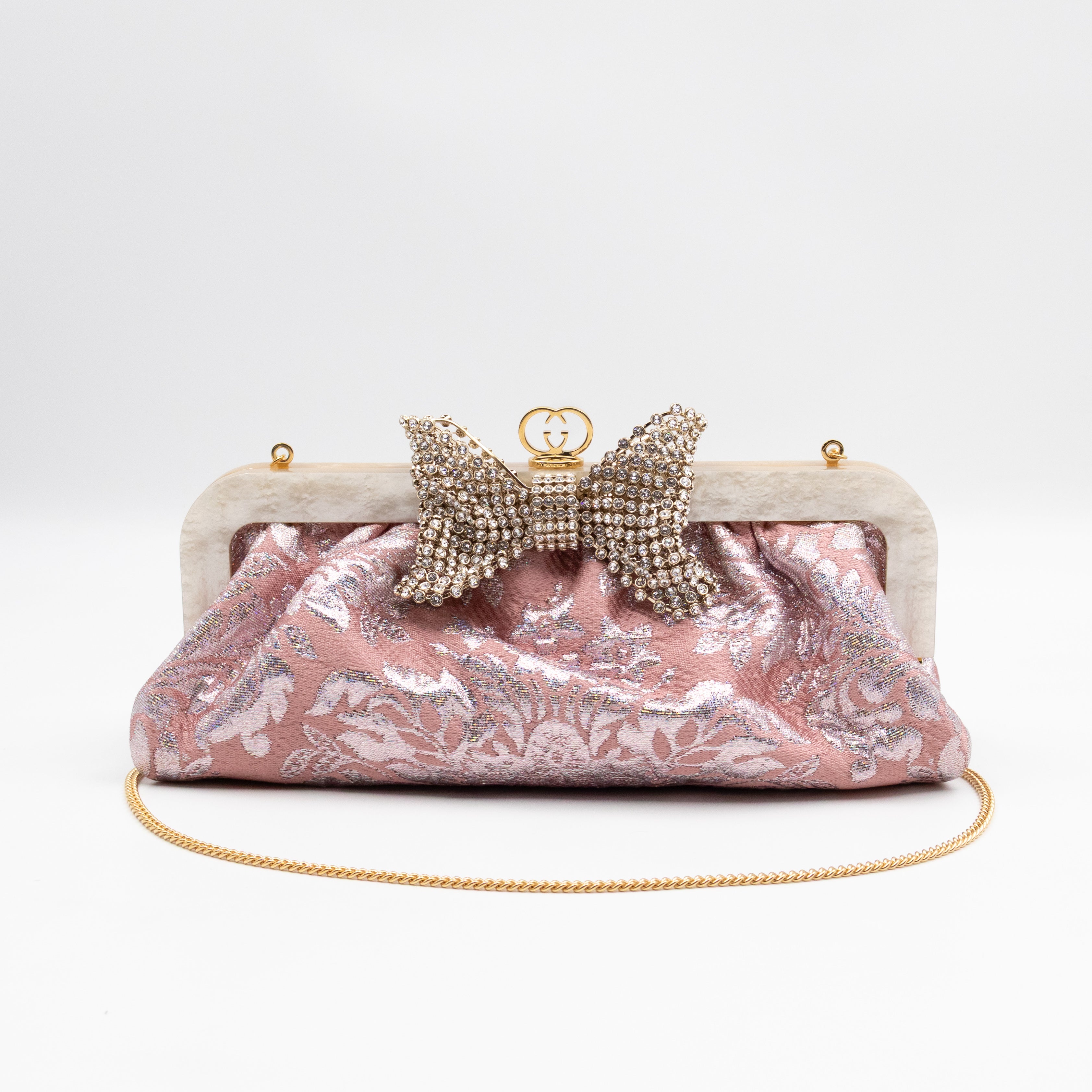 Broadway Chain Clutch Pink Floral Brocade Crystal Bow