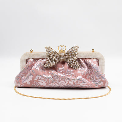 Broadway Chain Clutch Pink Floral Brocade Crystal Bow