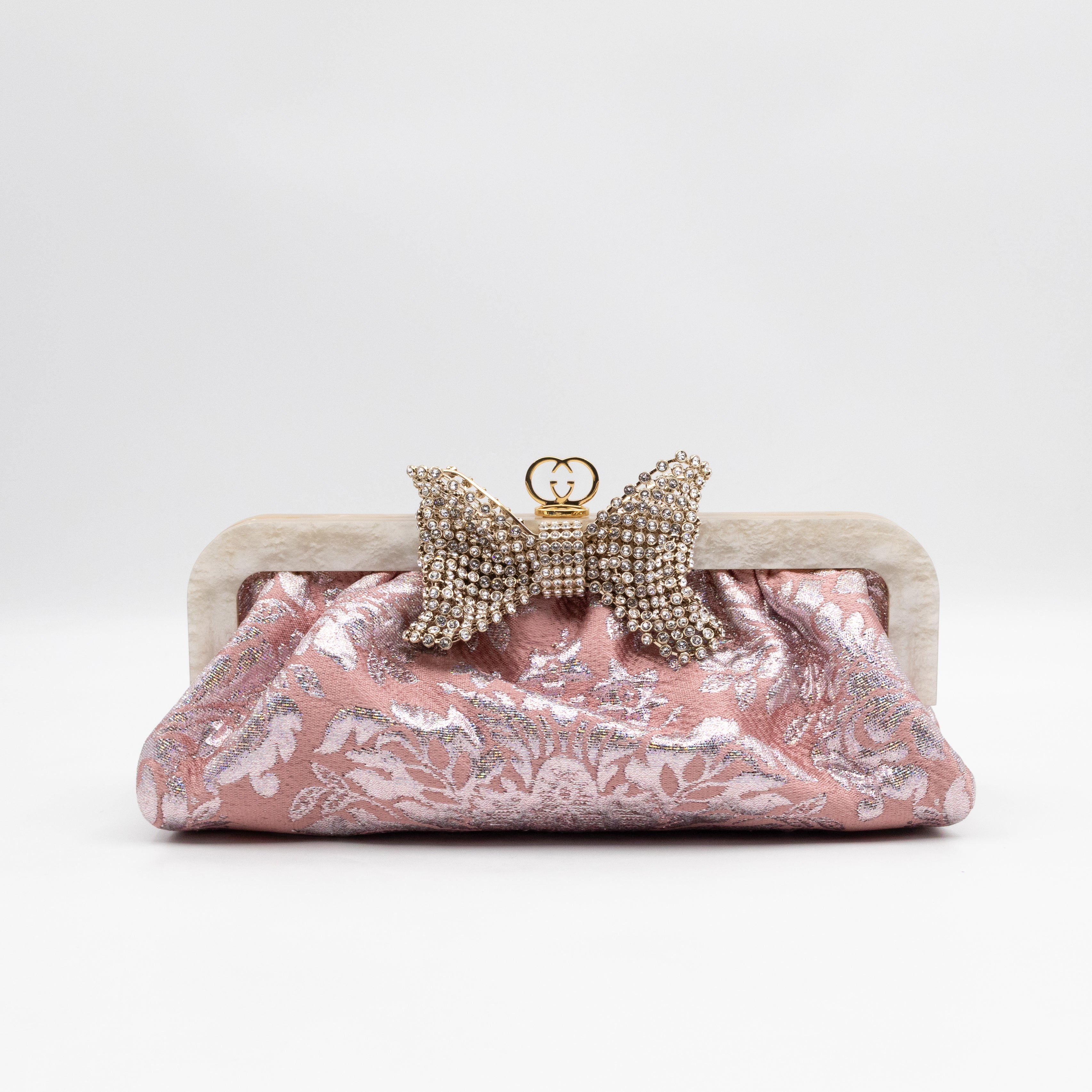 Broadway Chain Clutch Pink Floral Brocade Crystal Bow