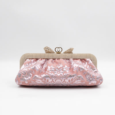 Broadway Chain Clutch Pink Floral Brocade Crystal Bow