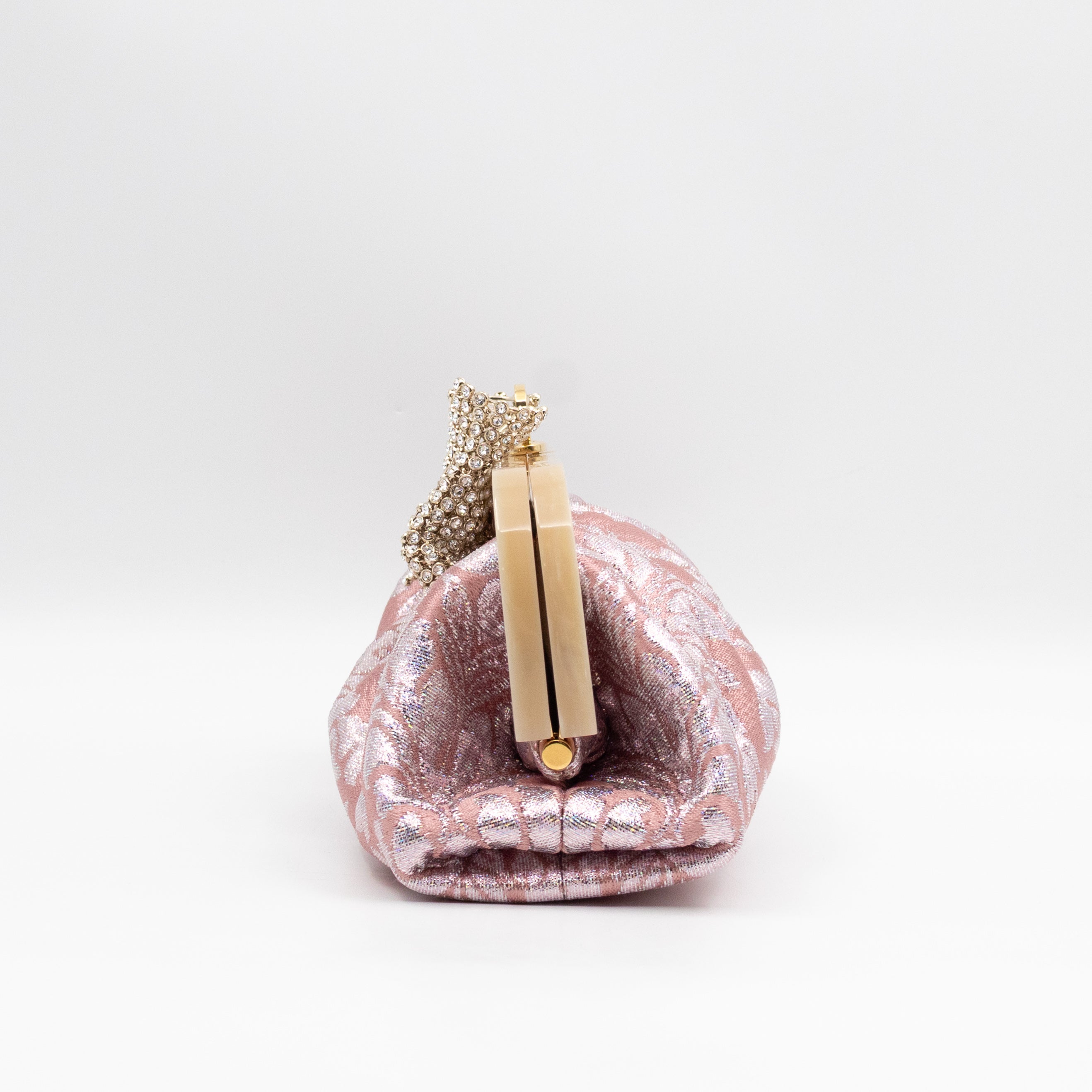 Broadway Chain Clutch Pink Floral Brocade Crystal Bow