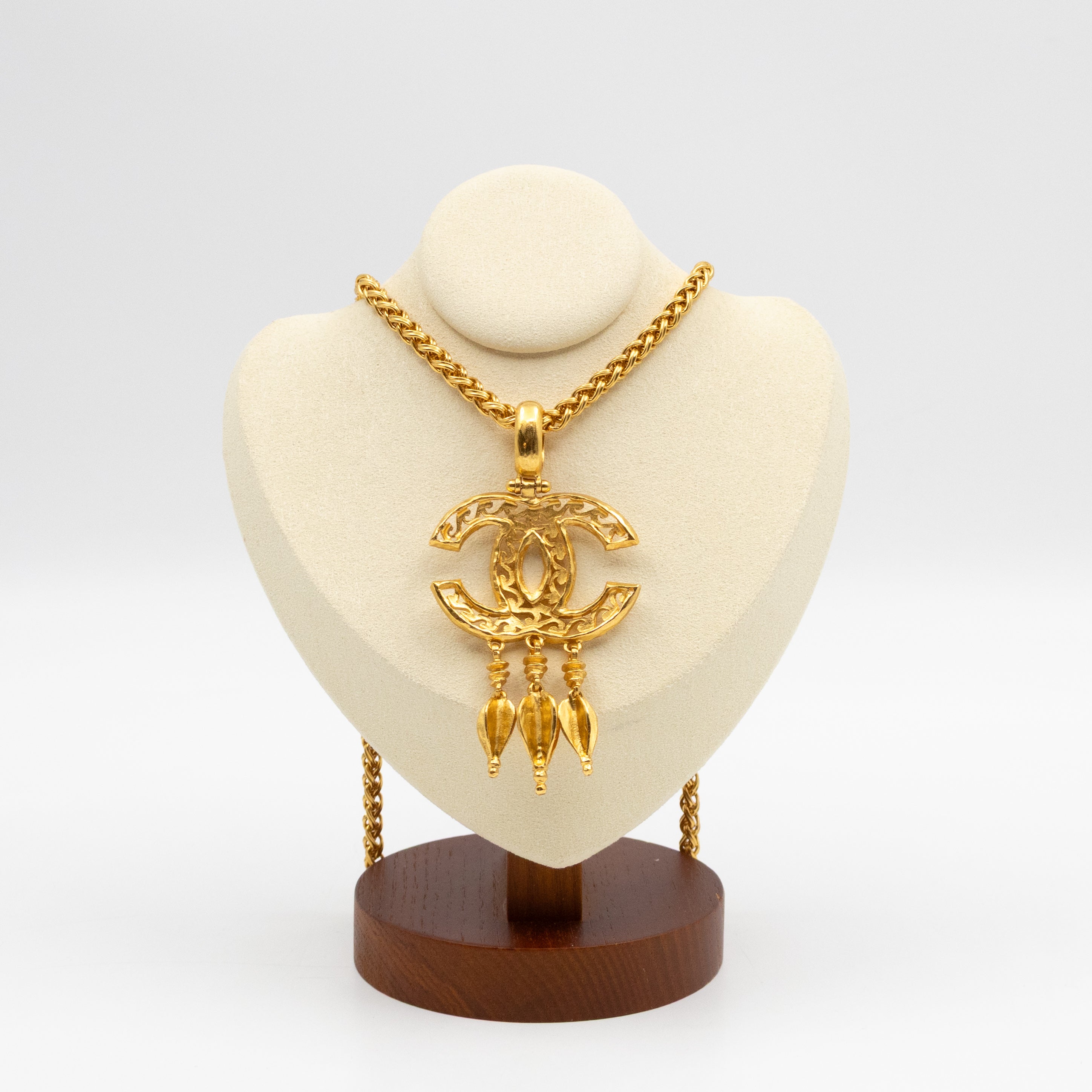 Vintage CC Fretwork Dangle Necklace Gold