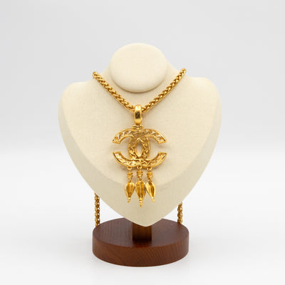 Vintage CC Fretwork Dangle Necklace Gold
