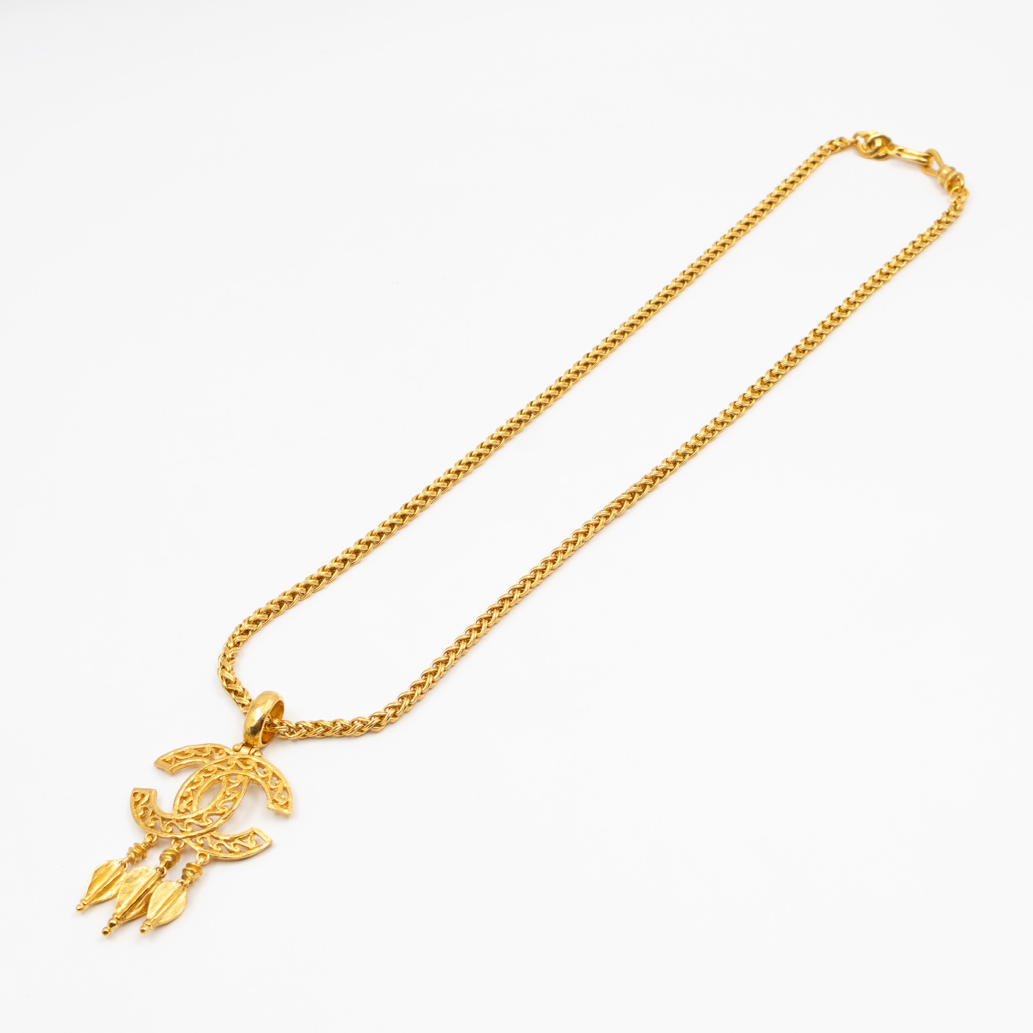 Vintage CC Fretwork Dangle Necklace Gold