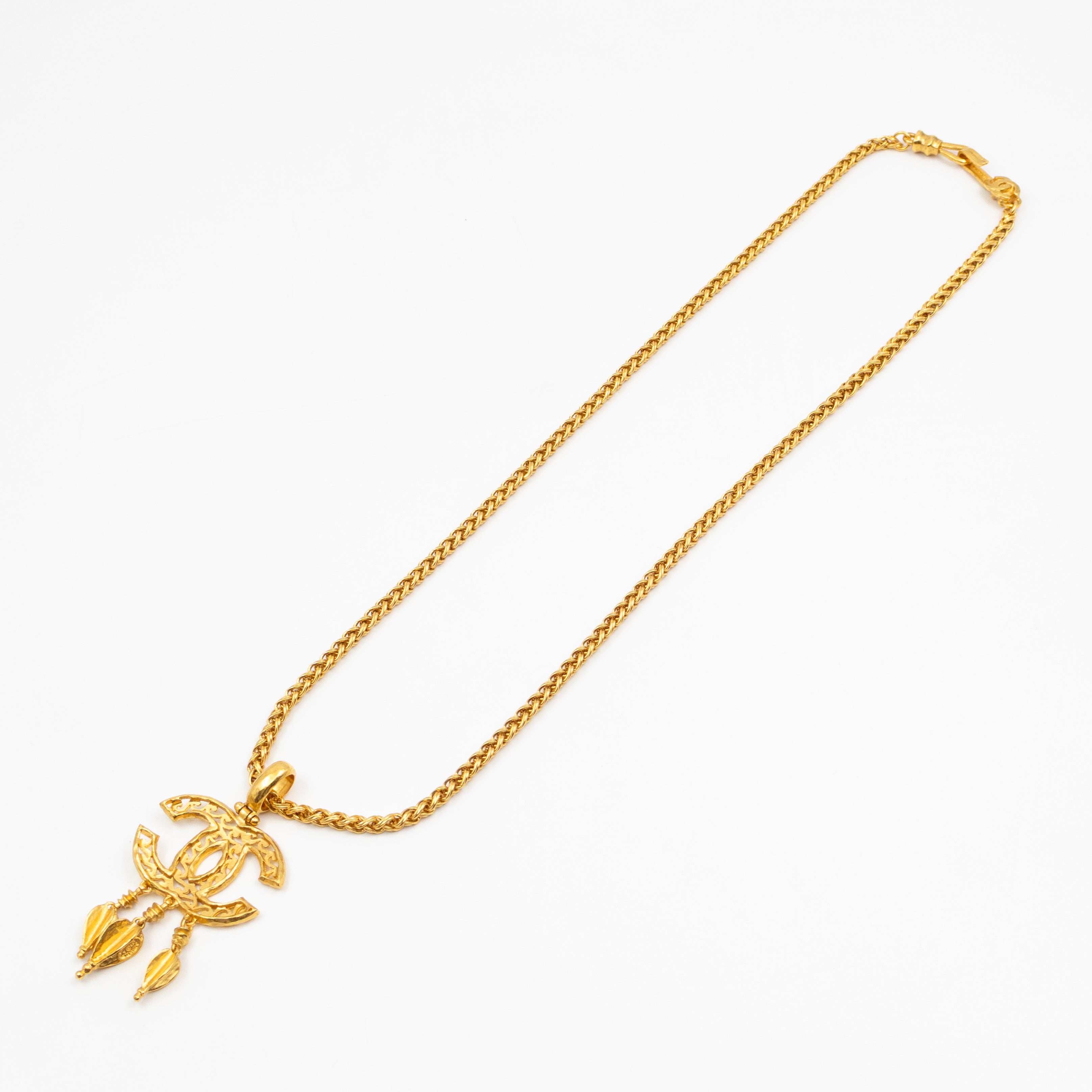 Vintage CC Fretwork Dangle Necklace Gold