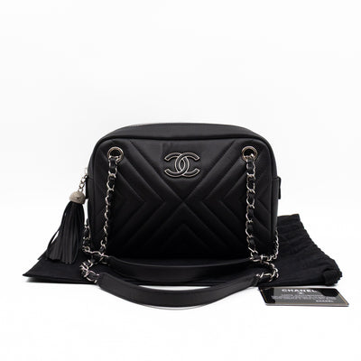 Camera Case Diagonal Chevron Black Calfskin Leather