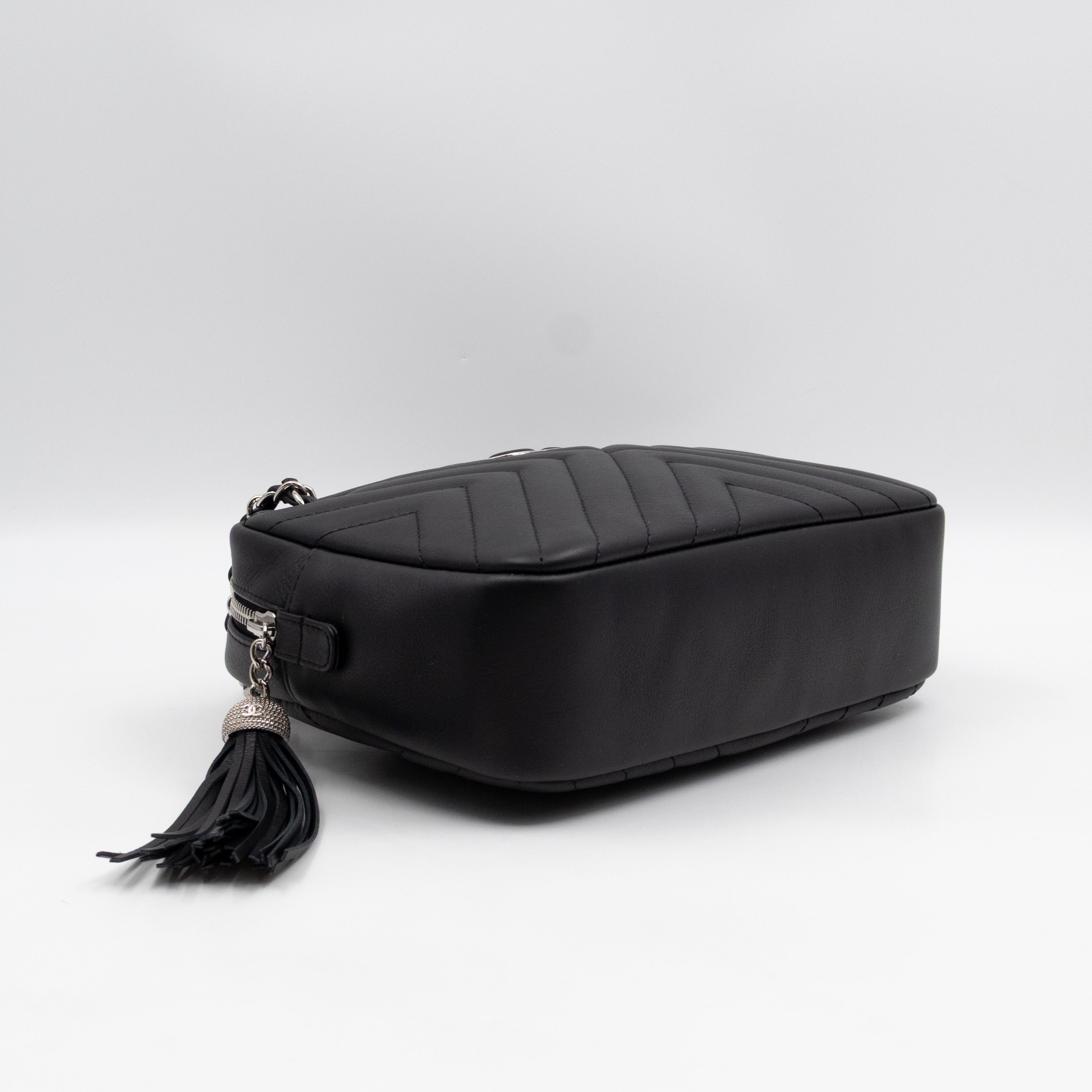 Camera Case Diagonal Chevron Black Calfskin Leather