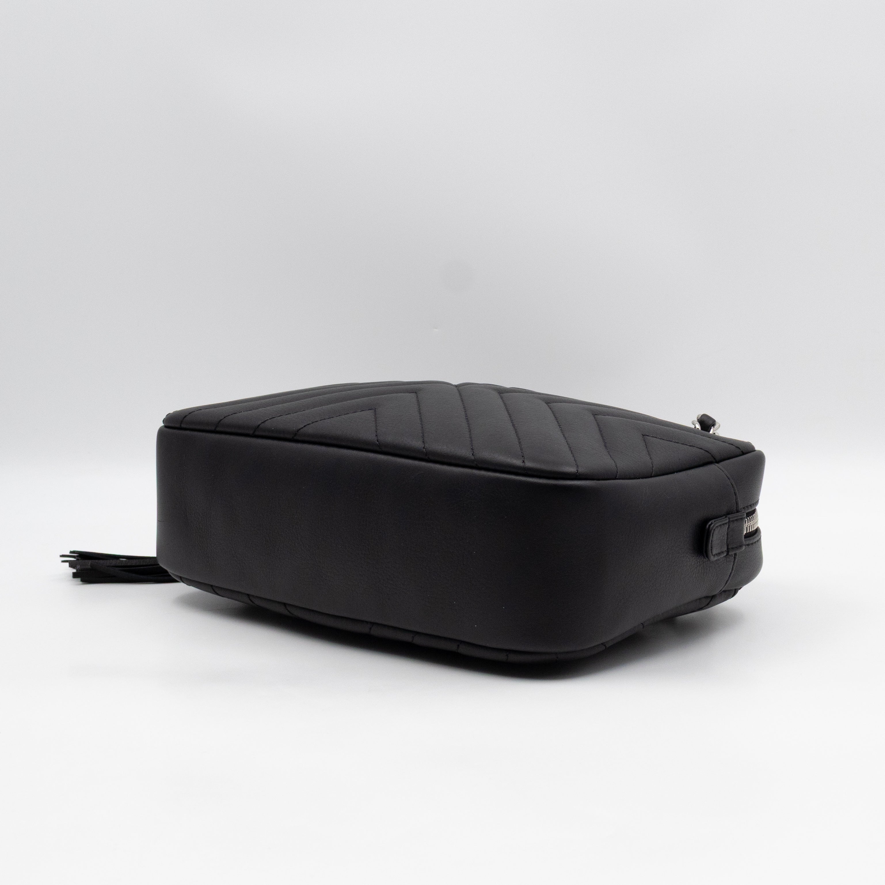 Camera Case Diagonal Chevron Black Calfskin Leather