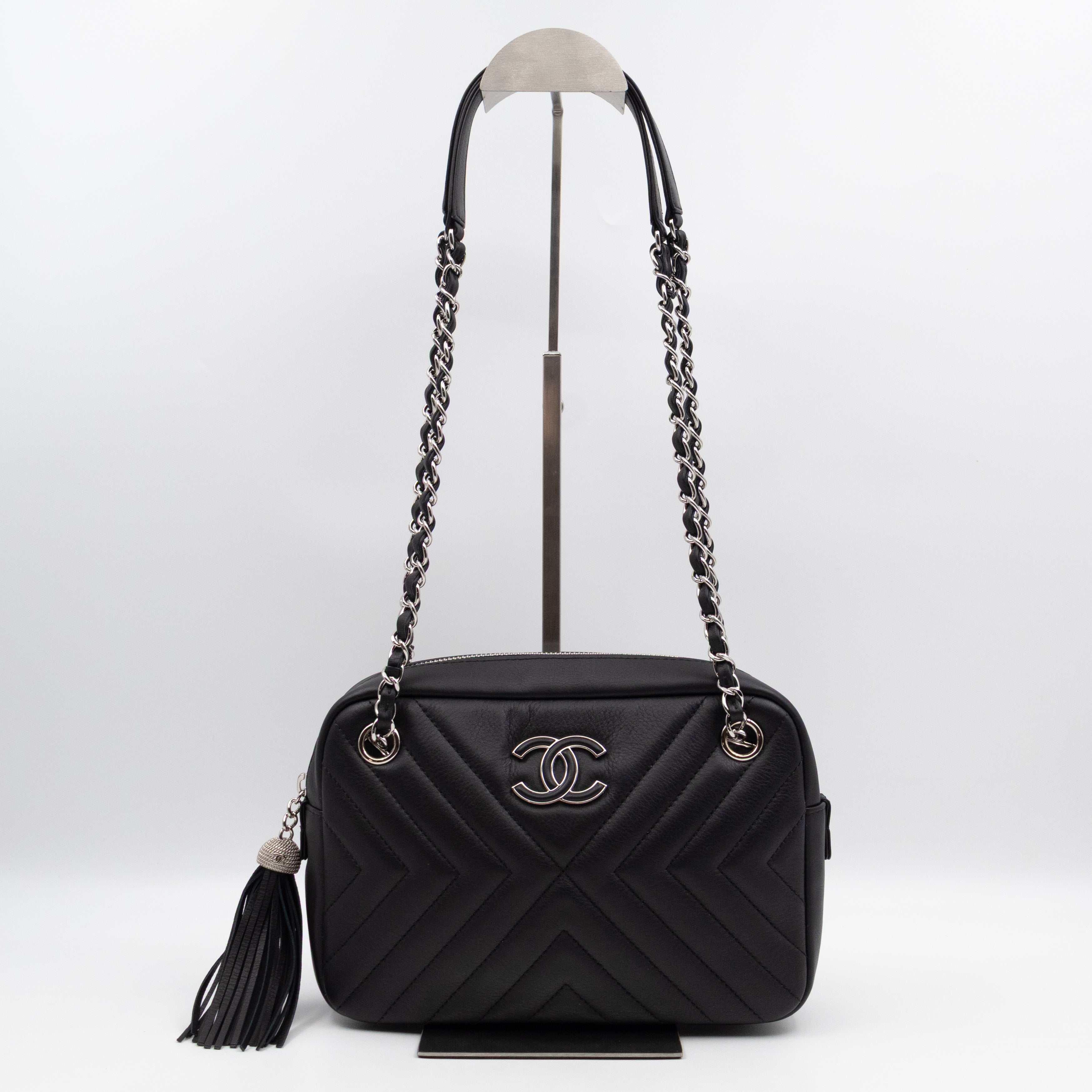 Camera Case Diagonal Chevron Black Calfskin Leather