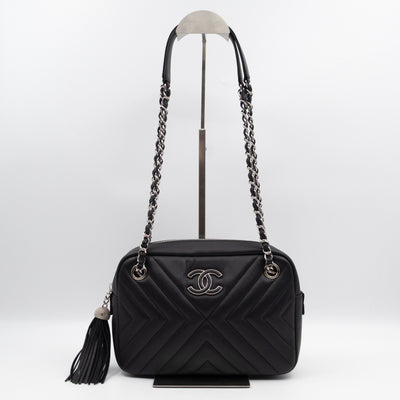 Camera Case Diagonal Chevron Black Calfskin Leather