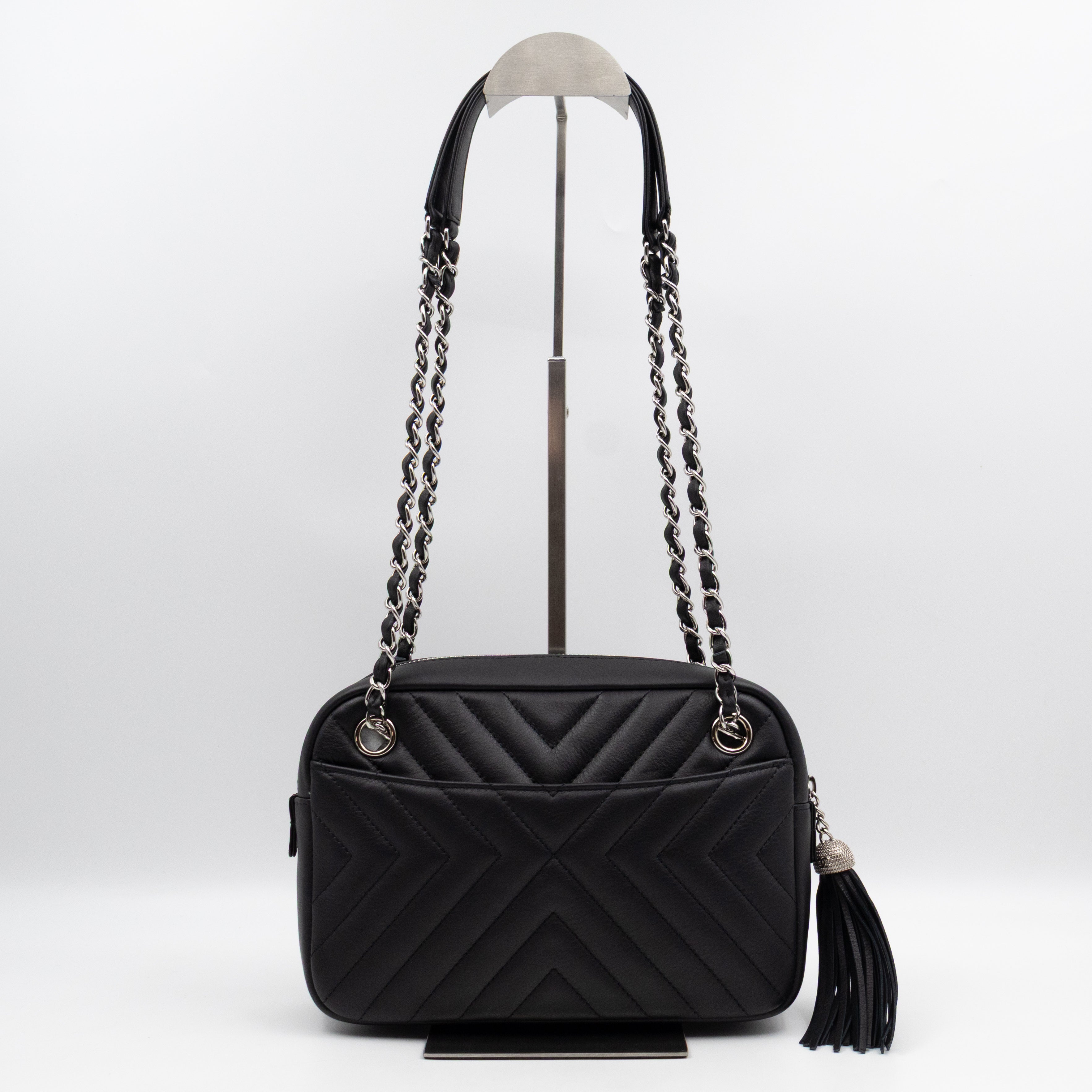 Camera Case Diagonal Chevron Black Calfskin Leather