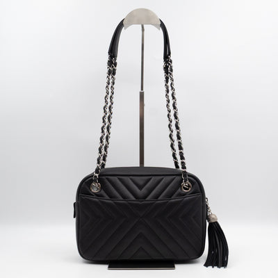 Camera Case Diagonal Chevron Black Calfskin Leather