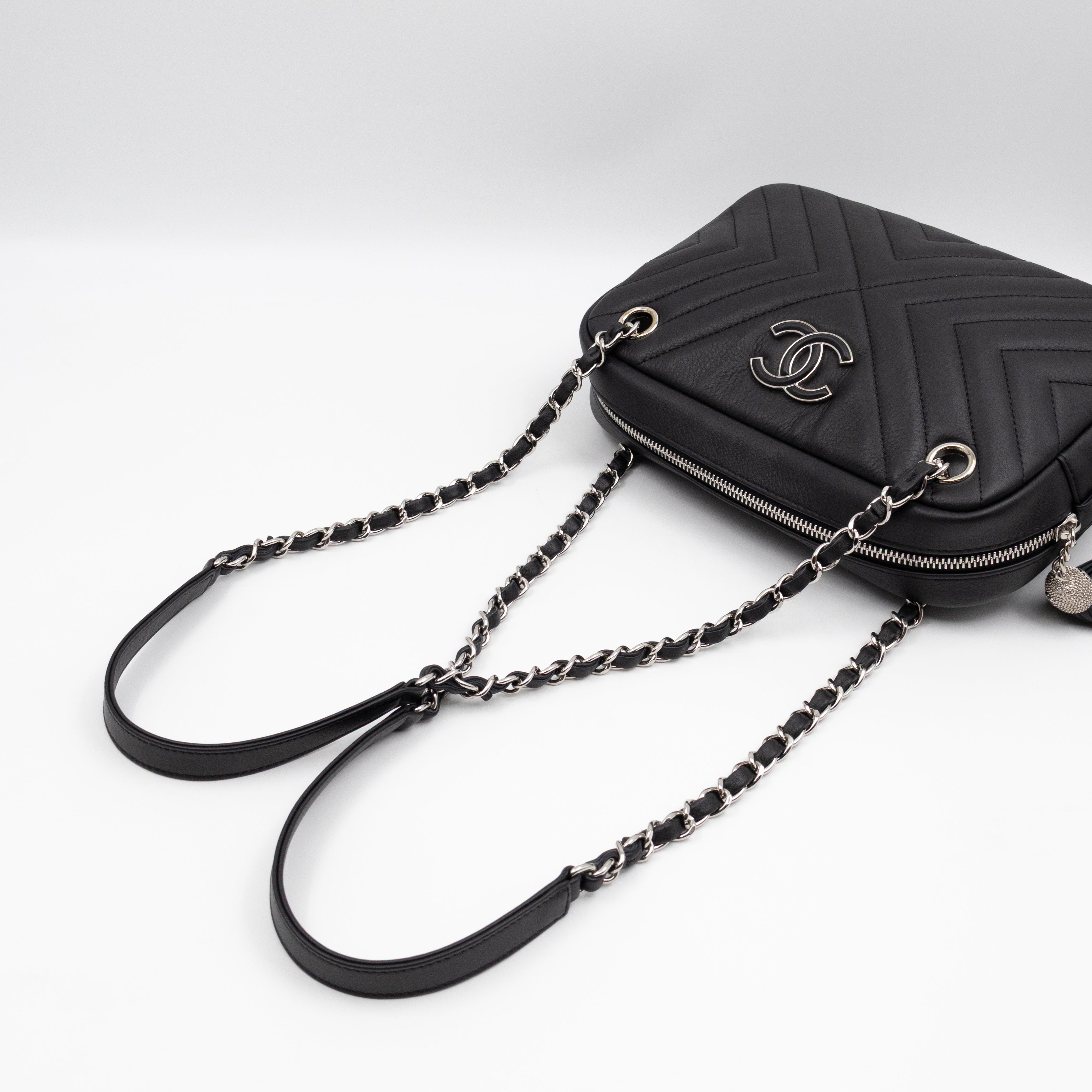Camera Case Diagonal Chevron Black Calfskin Leather