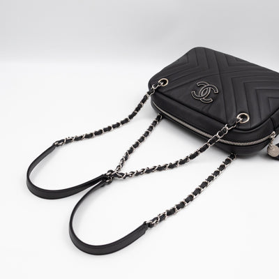 Camera Case Diagonal Chevron Black Calfskin Leather