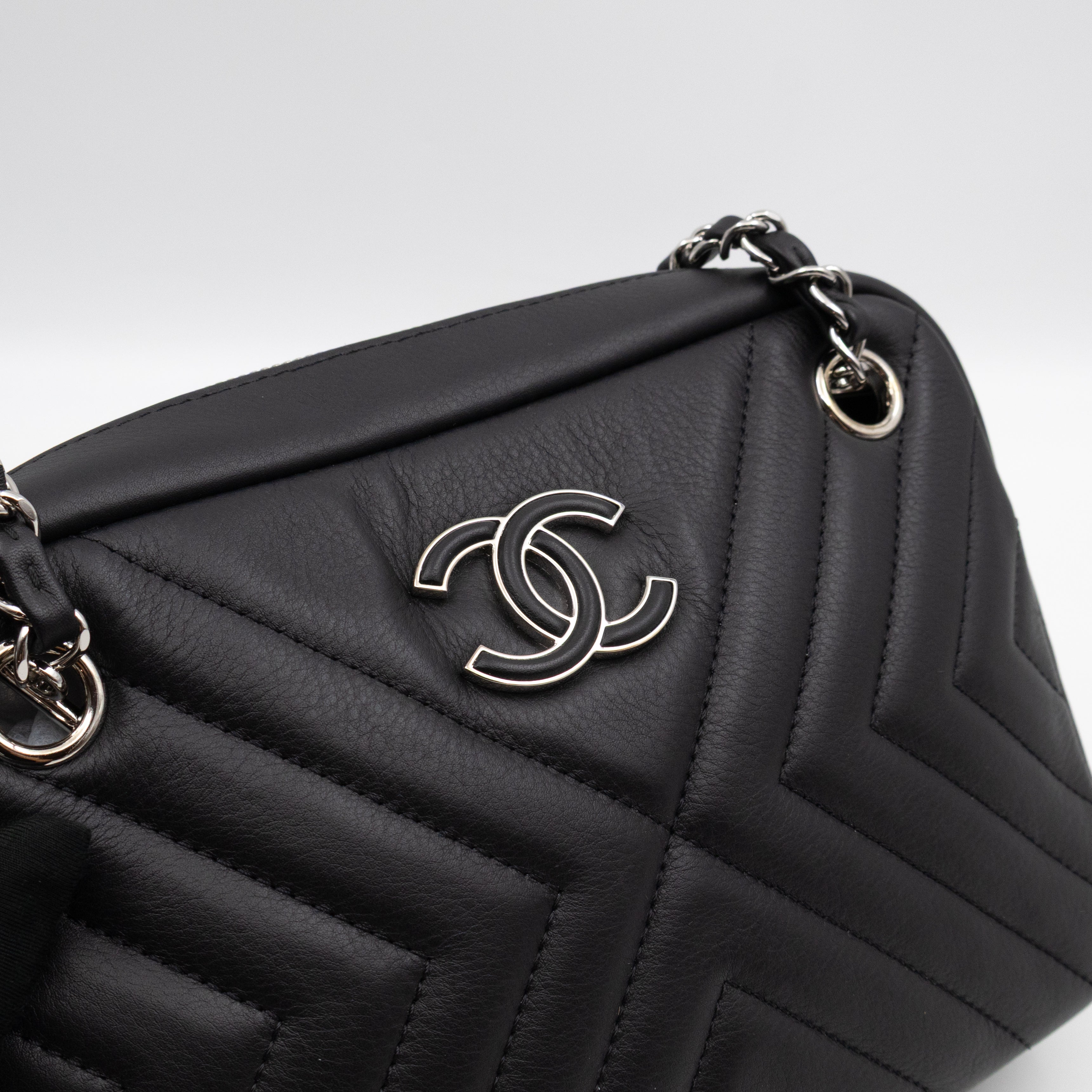 Camera Case Diagonal Chevron Black Calfskin Leather