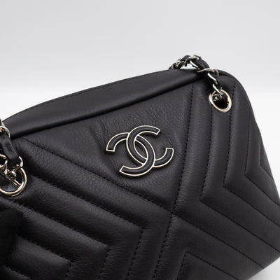 Camera Case Diagonal Chevron Black Calfskin Leather