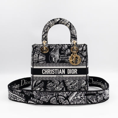 Lady D-Lite Medium Plan de Paris Black Canvas Embroidery Cannage