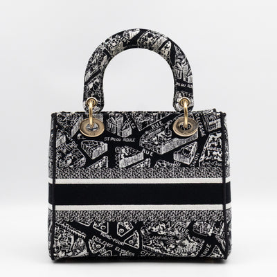 Lady D-Lite Medium Plan de Paris Black Canvas Embroidery Cannage
