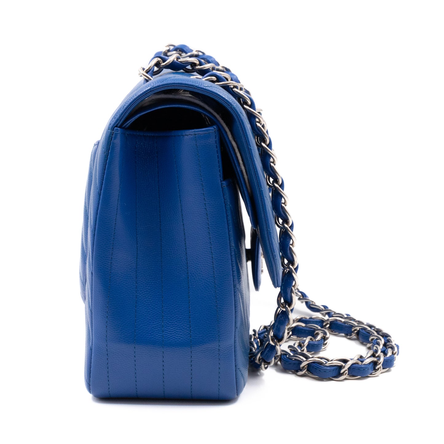 Classic Double Flap Jumbo Blue Chevron Caviar Silver