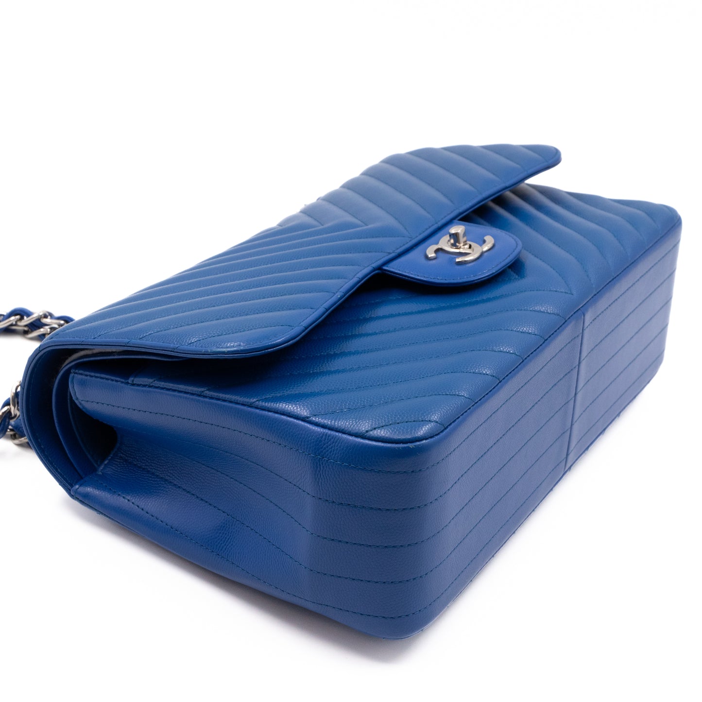 Classic Double Flap Jumbo Blue Chevron Caviar Silver